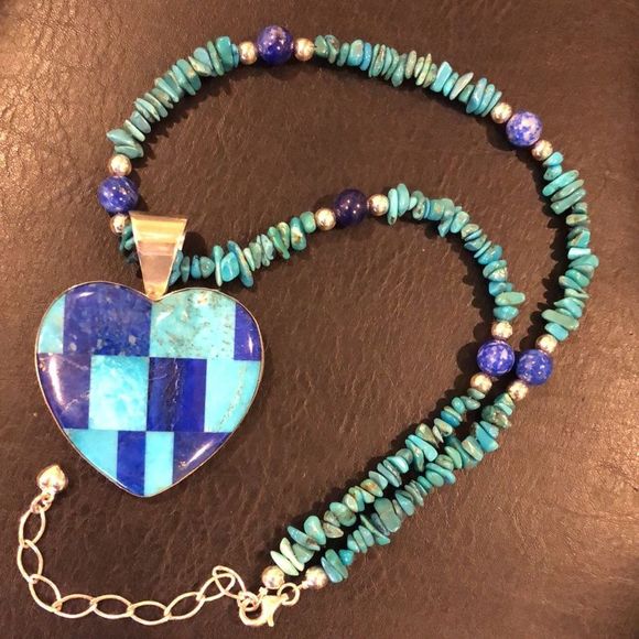 JAY KING Turquoise Lapis Mosaic Inlay Heart Pendant On Turquoise Lapis Necklace - Picture 9 of 13